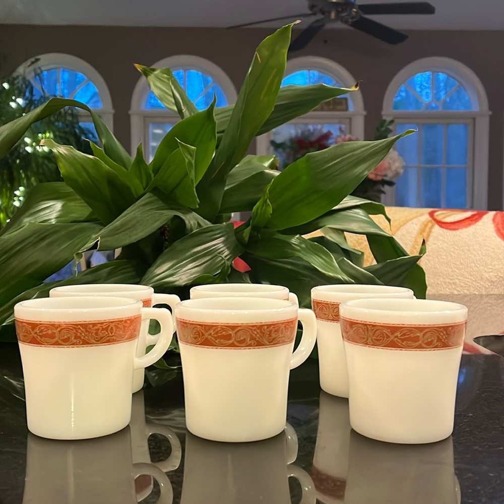 Rare Pyrex Tableware By Corning Bronze Scroll Coffee Cup / Mug - Set of 6